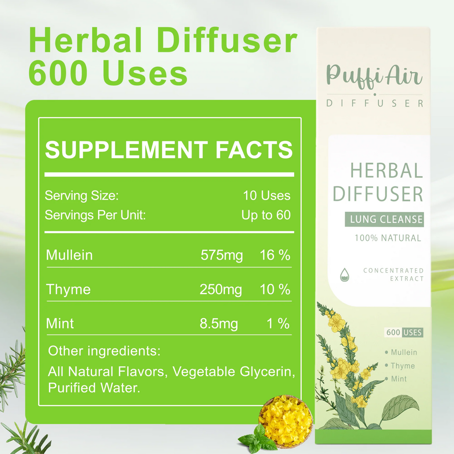 Herbal Diffuser Upgraded with Extracts of Mullein, Thyme and Mint for Cleansing Lungs, Improving Breathing and Oral Air Freshening - 2 Sticks 1Pack
