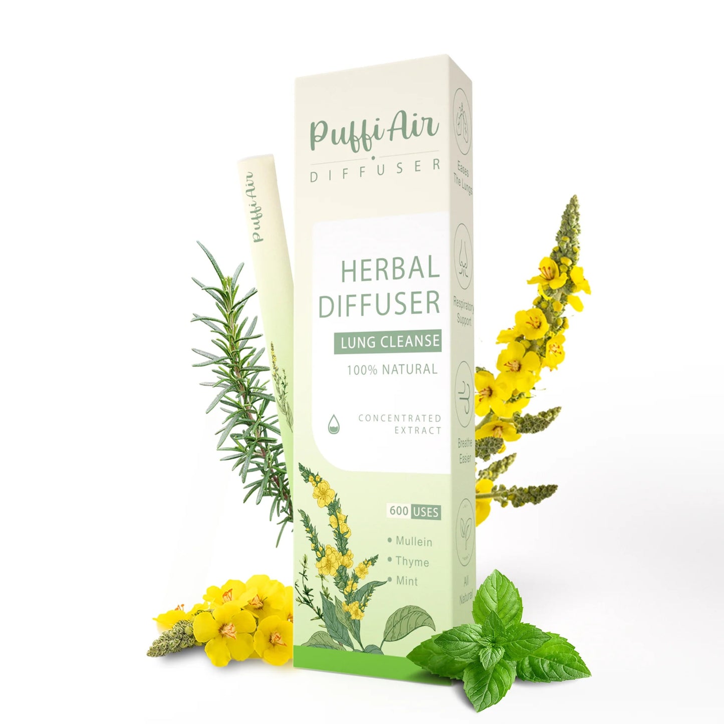 Herbal Diffuser Upgraded with Extracts of Mullein, Thyme and Mint for Cleansing Lungs, Improving Breathing and Oral Air Freshening - 2 Sticks 1Pack