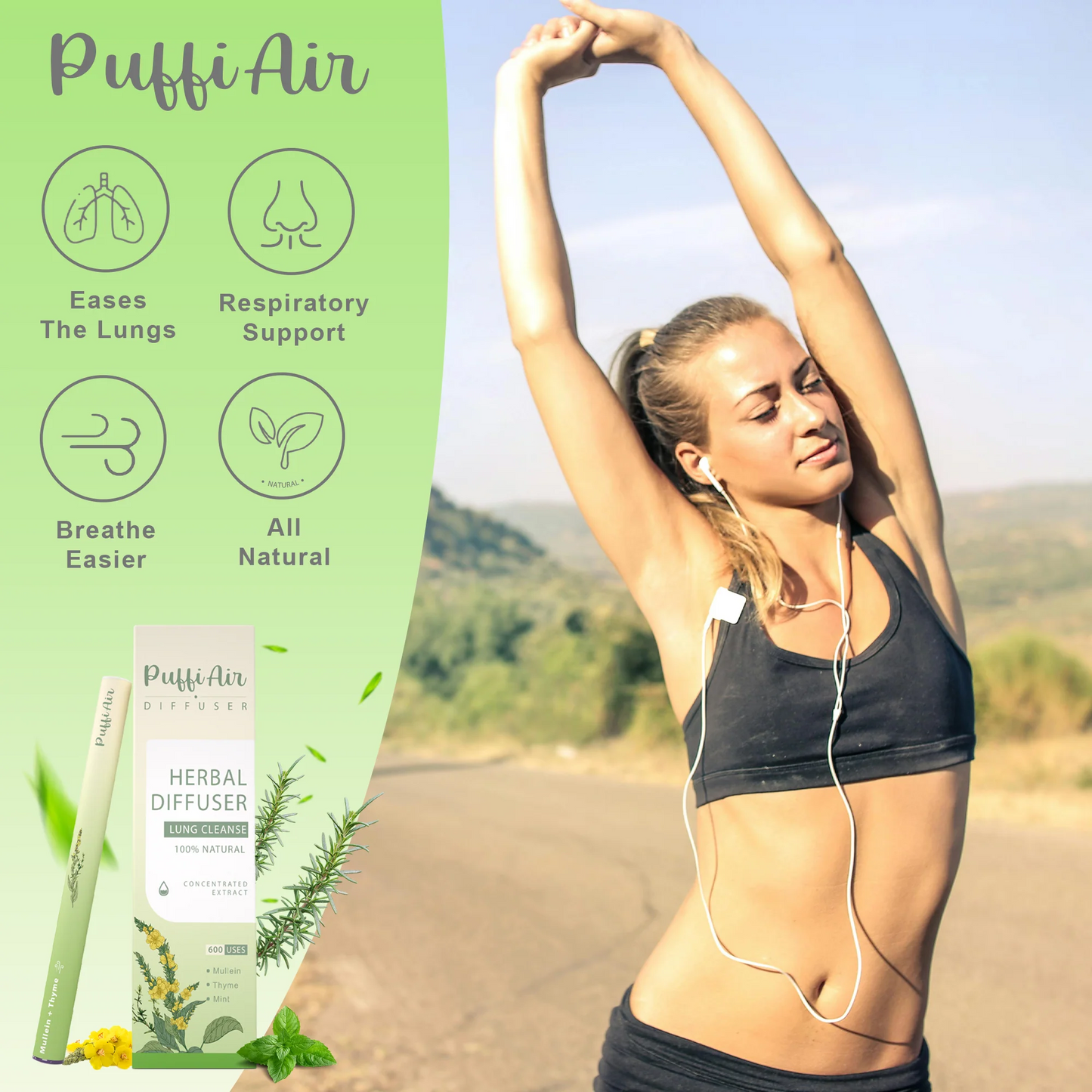 Herbal Diffuser Upgraded with Extracts of Mullein, Thyme and Mint for Cleansing Lungs, Improving Breathing and Oral Air Freshening - 2 Sticks 1Pack